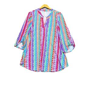 Dear Scarlett Lizzy Tunic Top Size XL Artsy Curved Hem Abstract Print Blouse